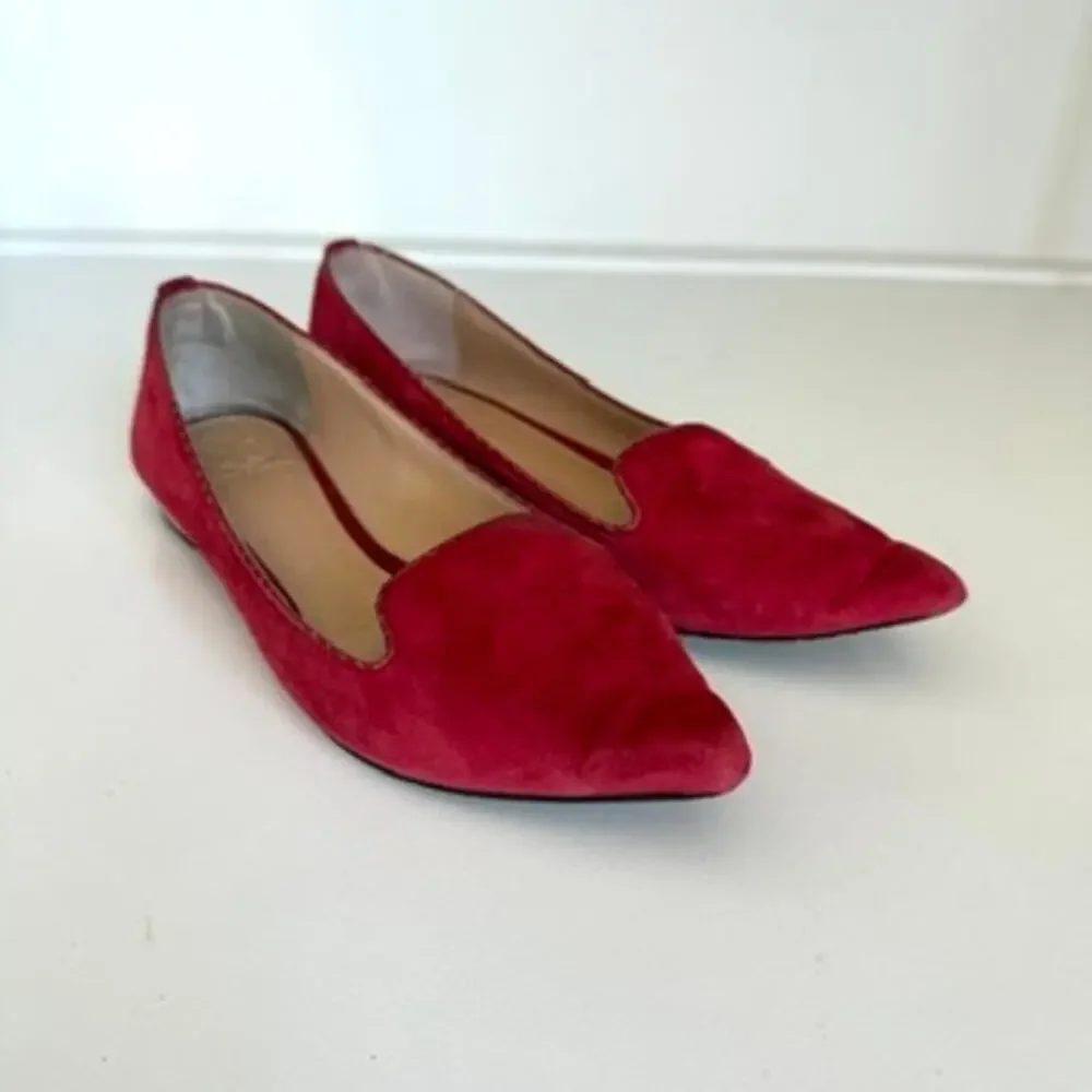 Tory Burch Pointed Toe Flats Raspberry Suede Gold Heel Logo Balletcore 6.5M - Picture 1 of 11